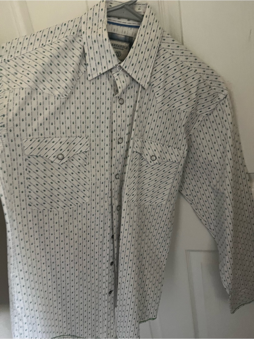 Men's White and Navy Patterned Long-Sleeve Button-Down Shirt